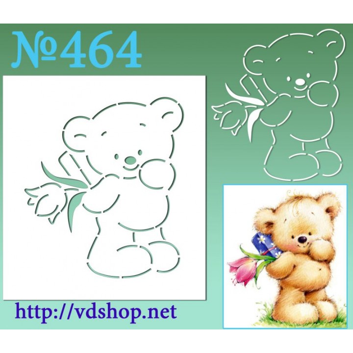 Трафарет многоразовый контурный №464 "Мишка с подарком и тюльпаном"